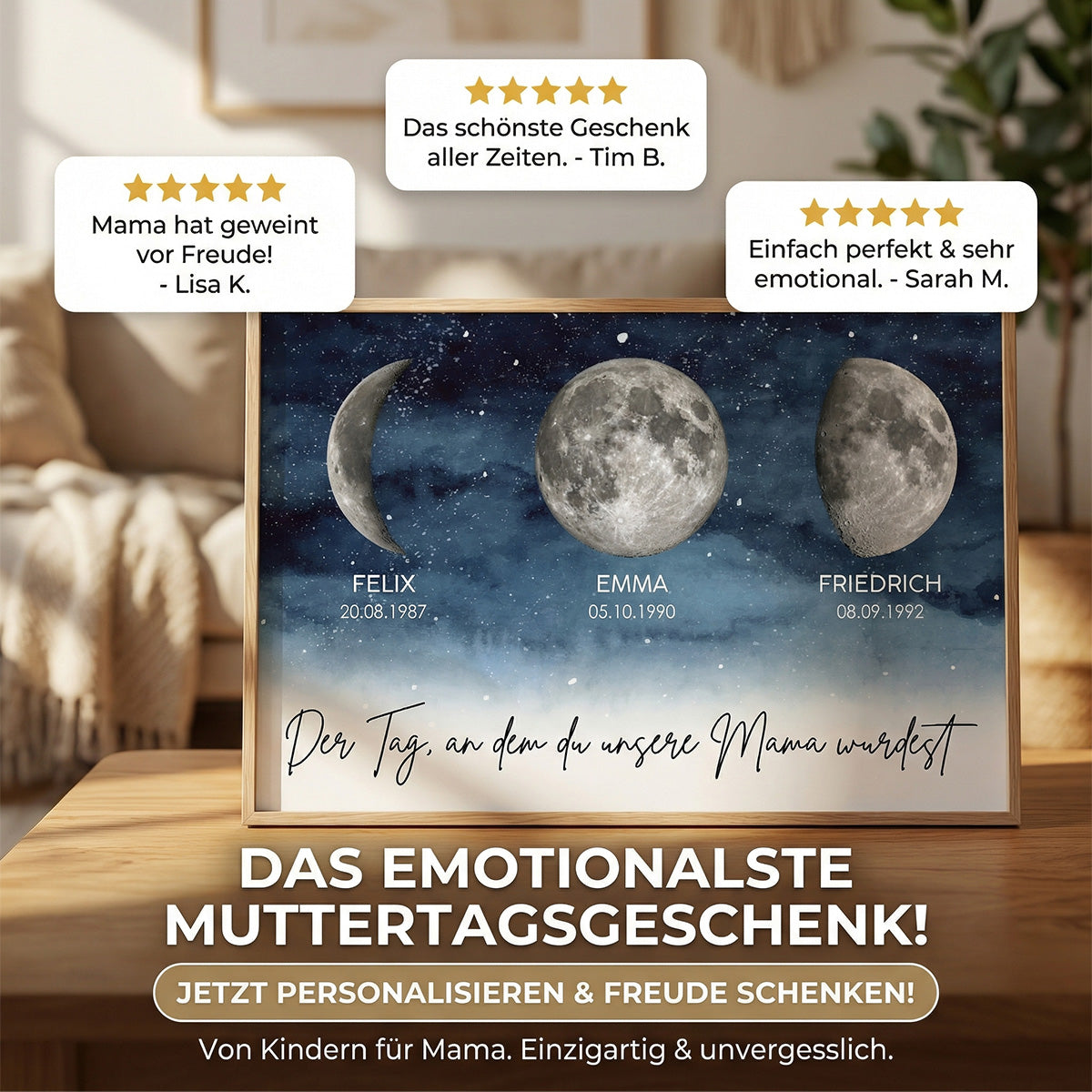 Sternennacht - Der Tag, an dem du Mama wurdest - Personalisiertes Poster mit Geburtsmondphase - Muttertagsgeschenk fr Mama