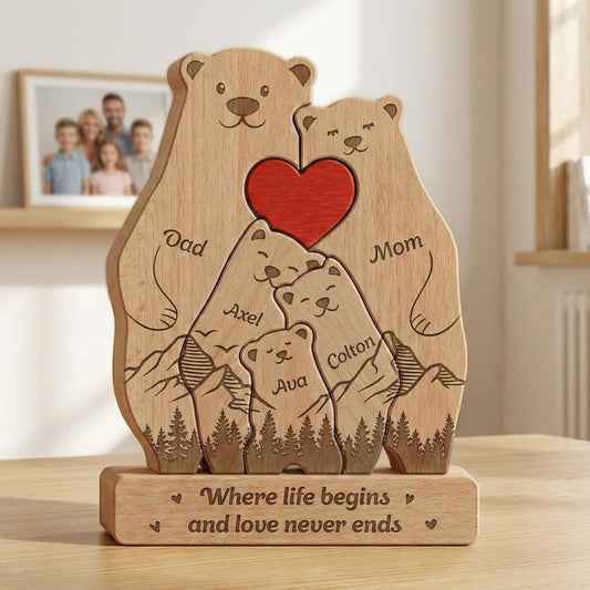 Father's Day Gifts, Bear Family, Mama Bear, Daddy Bear & Baby Cubs - Forest Style - Personalized Wooden Family Puzzle