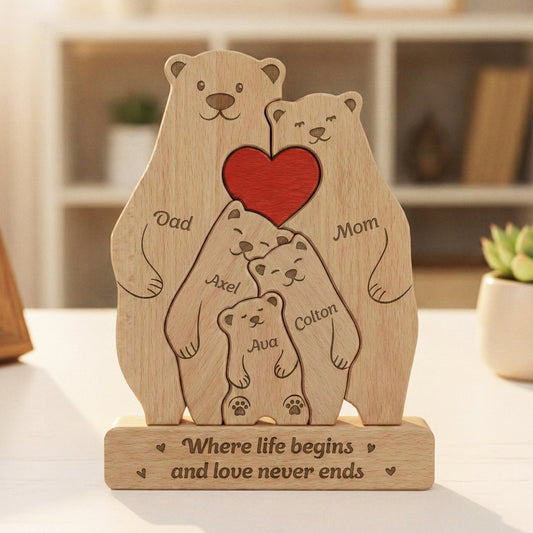 Father's Day Gifts, Bear Family, Mama Bear, Daddy Bear & Baby Cubs - Personalized Wooden Family Puzzle