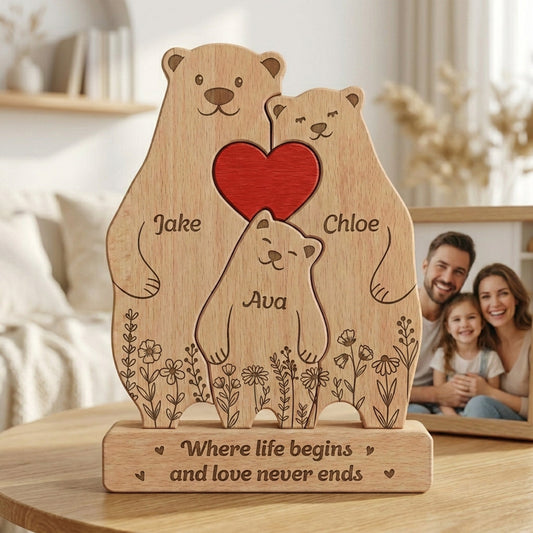 Father's Day Gifts, Bear Family, Mama Bear, Daddy Bear & Baby Cubs - Floral Style - Personalized Wooden Family Puzzle
