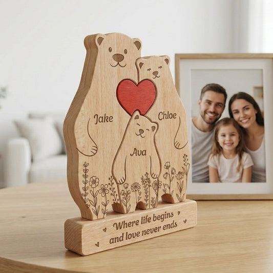 Father's Day Gifts, Bear Family, Mama Bear, Daddy Bear & Baby Cubs - Floral Style - Personalized Wooden Family Puzzle