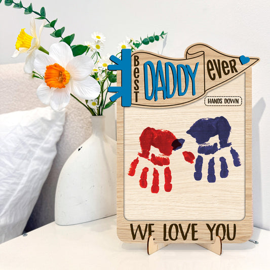 Father's Day Gifts, Best Daddy Ever Hands Down Handprint Happy Father's Day - Personalized Wooden Plaque