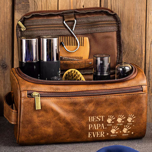 Best Papa Ever - Handprints - Personalized Leather Toiletry Bag