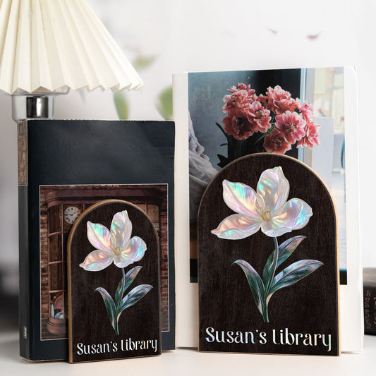 Birth Month Flower - Mother Of Pearl Effect - Custom Wood Book Ends