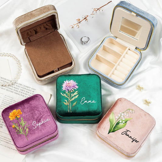 Birth Month Flower Gift For Her Velvet Travel Jewelry Box - Personalized Jewelry Box