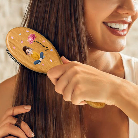 Birth Month Flower With Cute Cartoon - Personalized Hair Brush