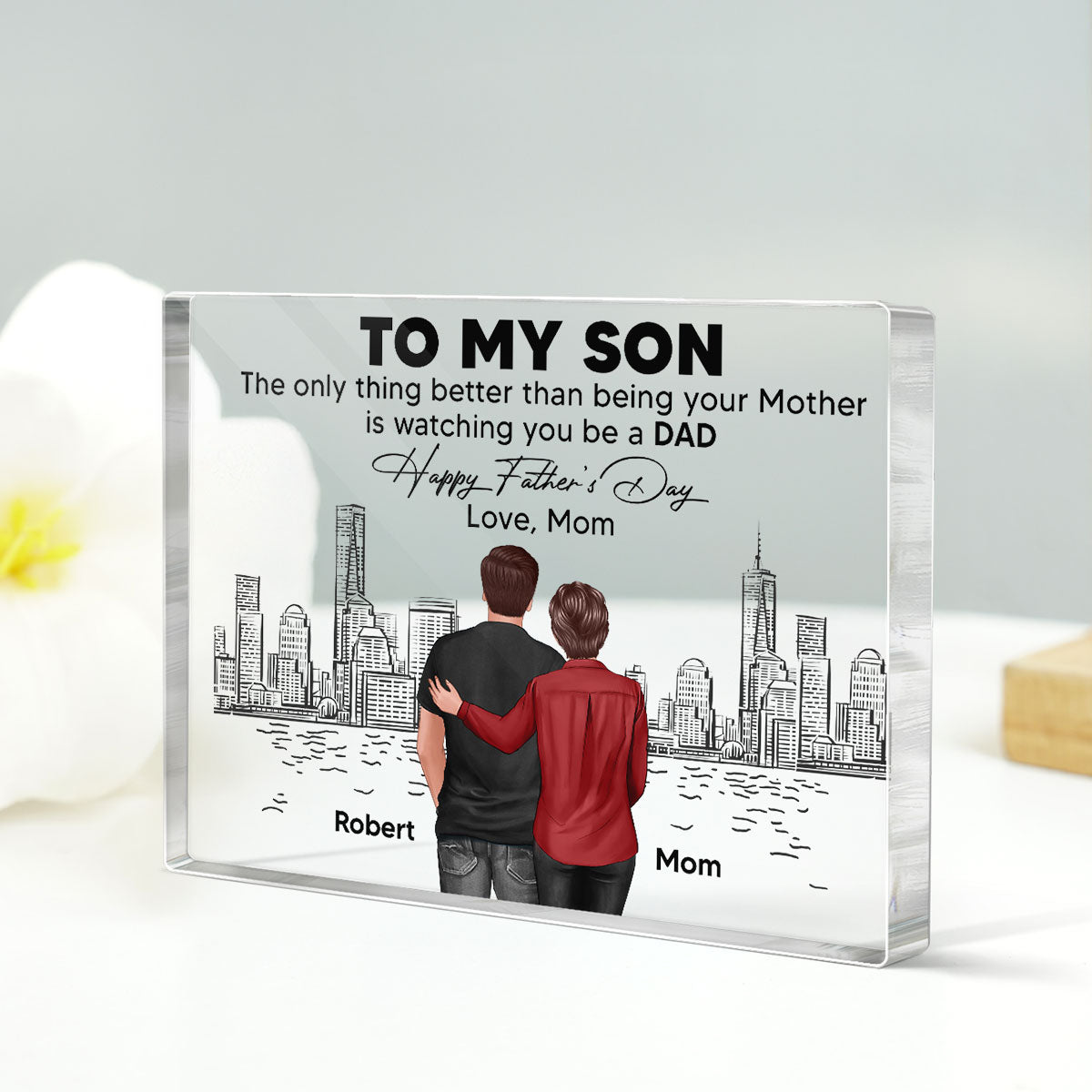 To My Son From Mom Happy  Skyline Personalized Rectangle Acrylic Block Plaque