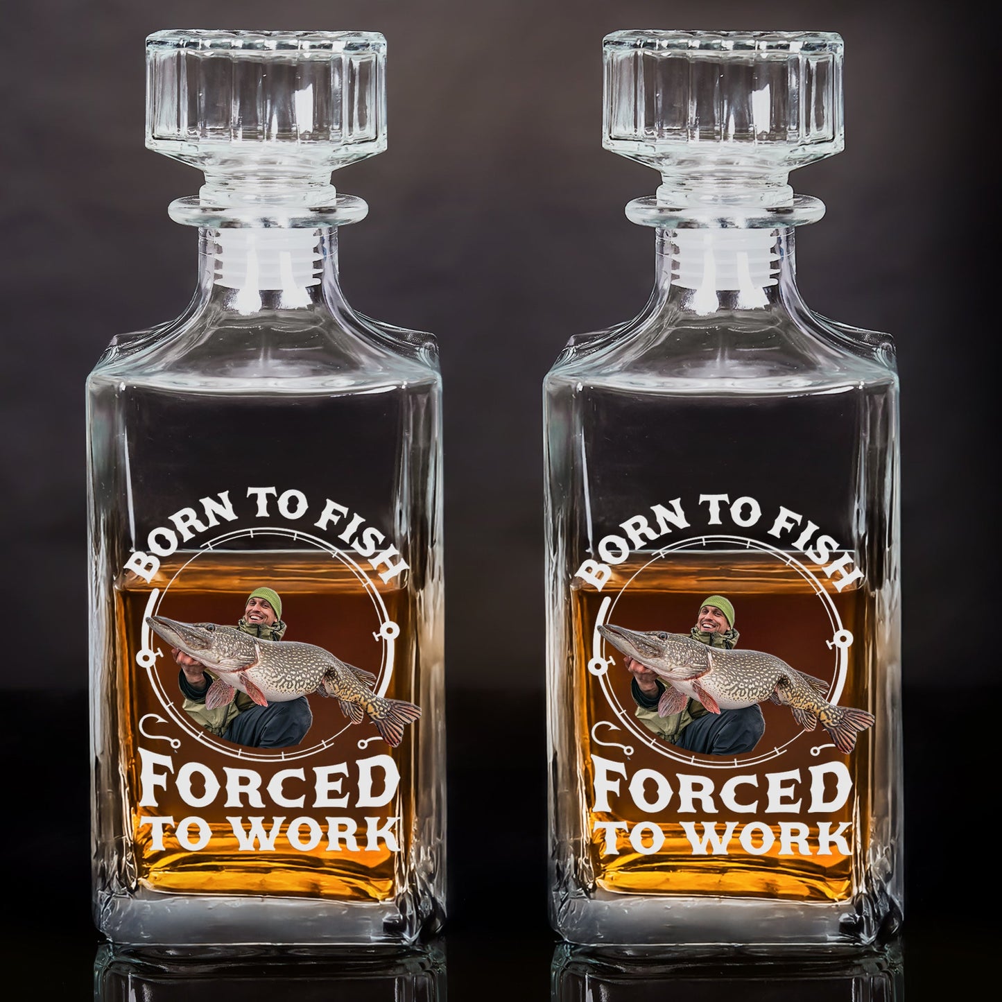 Born To Fish, Forced To Work - Fishing Gifts For Men, Husband, Dad - Custom Photo Decanter