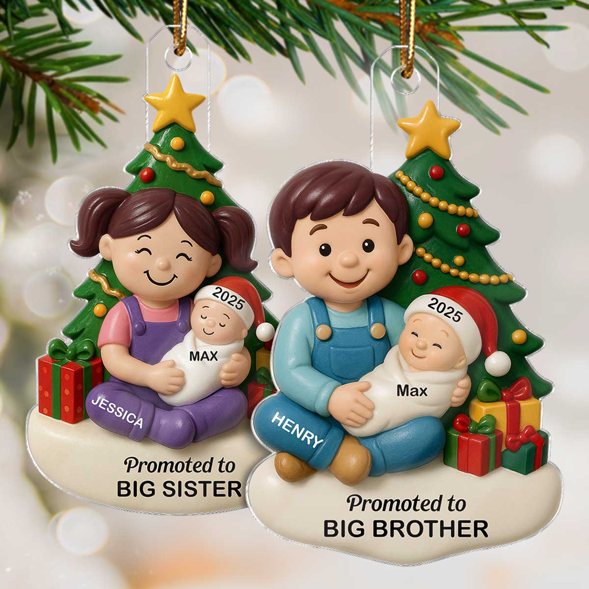 Proud New Big Sister Big Brother Under Tree - Personalized Acrylic Ornament - New Big Sibling Christmas Gift