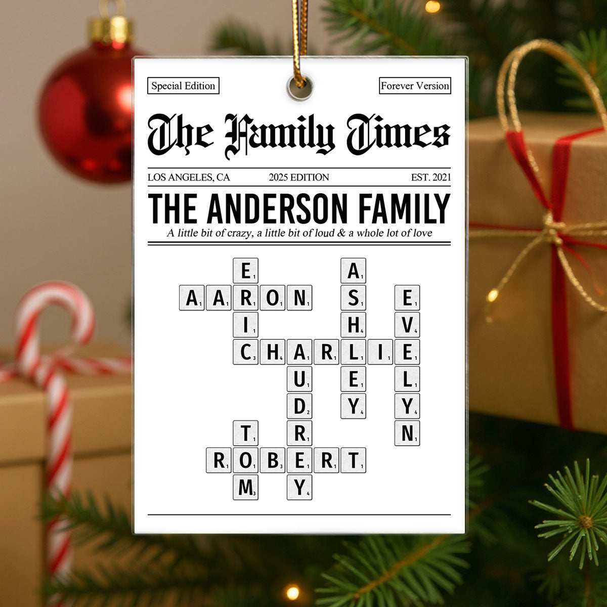 The Family Times Crossword Puzzle Newspaper Style - Personalized Acrylic Ornament - Christmas Keepsake Gift For Family