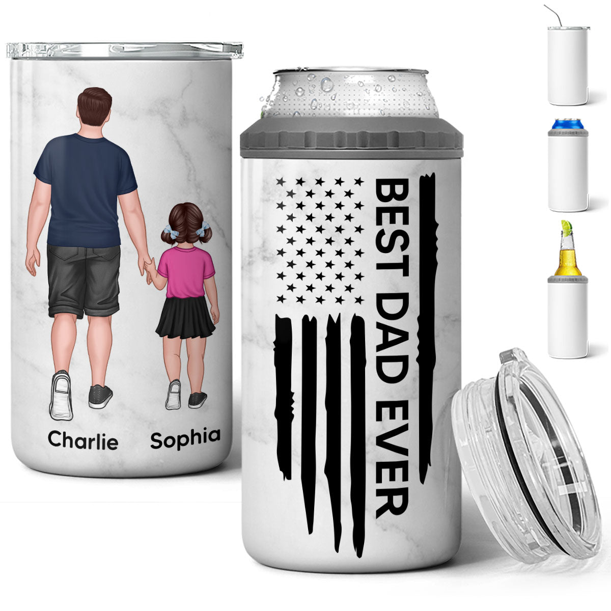 Best Dad Papa Grandpa Ever Nation Flag Man & Kids Walking Father‘s Day Gift For Husband Father Figures Personalized 4 In 1 Can Cooler