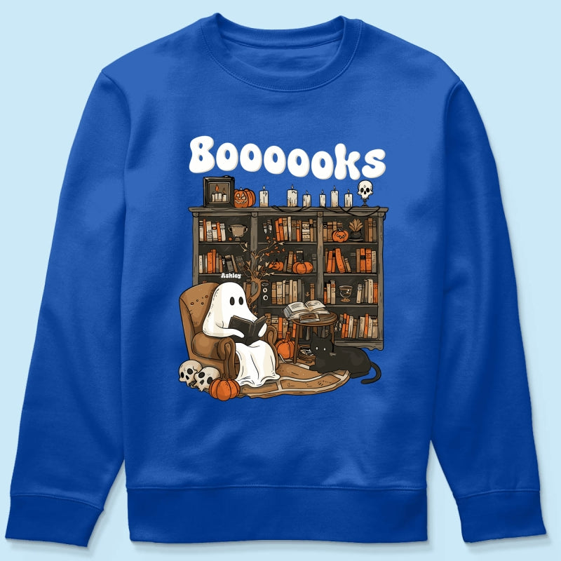 Booooks Retro Ghost Reading Books Personalized Halloween Shirt for Book Lover, Librarian, Teacher