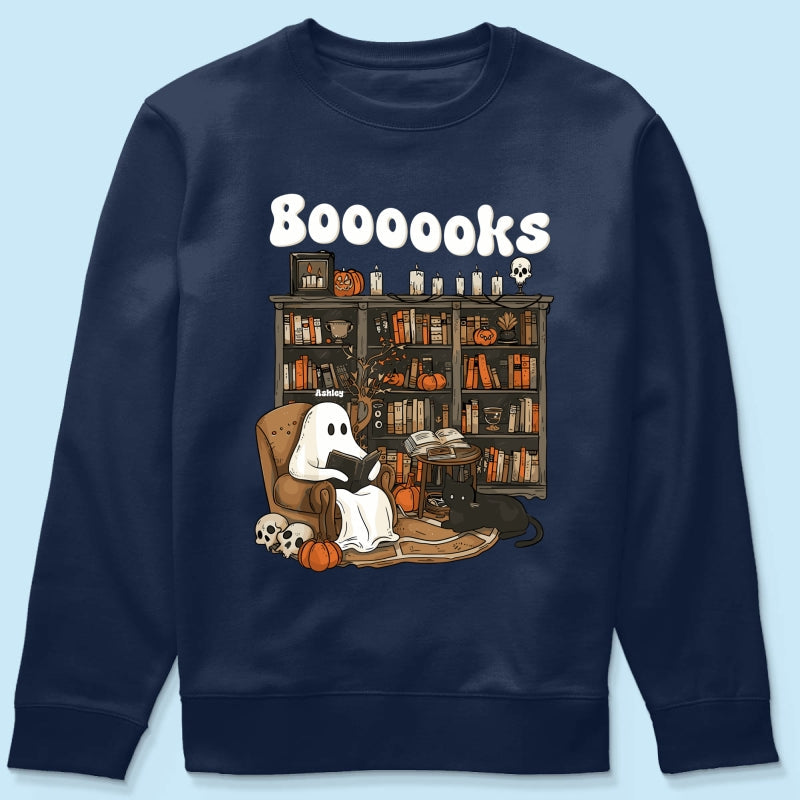 Booooks Retro Ghost Reading Books Personalized Halloween Shirt for Book Lover, Librarian, Teacher