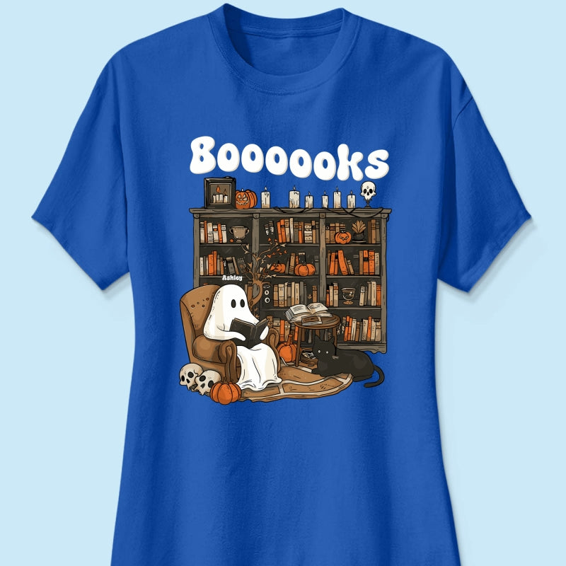 Booooks Retro Ghost Reading Books Personalized Halloween Shirt for Book Lover, Librarian, Teacher