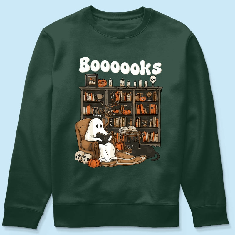 Booooks Retro Ghost Reading Books Personalized Halloween Shirt for Book Lover, Librarian, Teacher