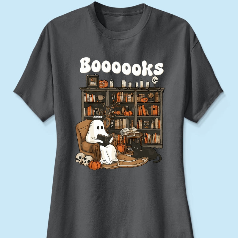 Booooks Retro Ghost Reading Books Personalized Halloween Shirt for Book Lover, Librarian, Teacher