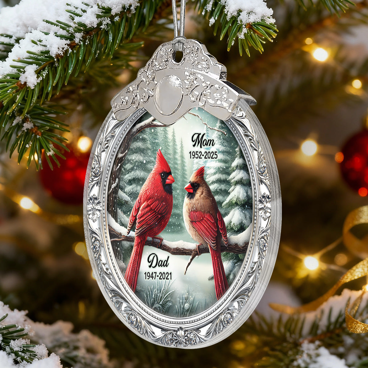 Winter Scene Memorial Cardinal 3D Effect - Personalized Glass Ornament With Silver Cap - Sympathy Gift Remembrance Keepsake