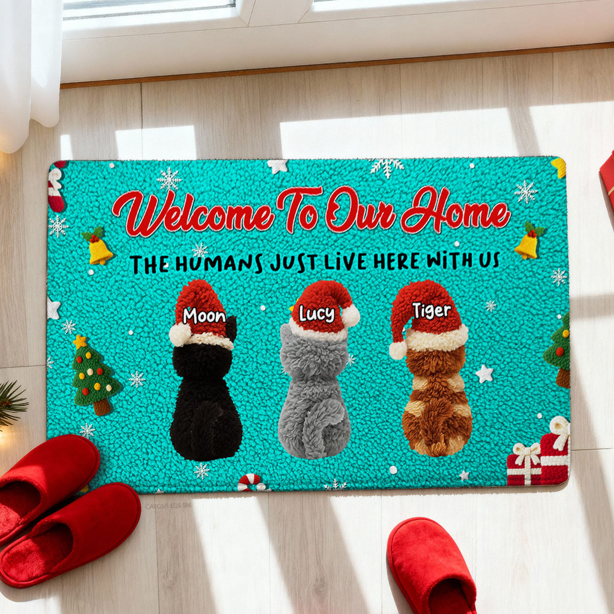 Welcome to Our Home The Humans Just Live Here - Personalized Doormat - Funny Cats Latch Hook Yarn Faux - Christmas Decor for Pet Lovers
