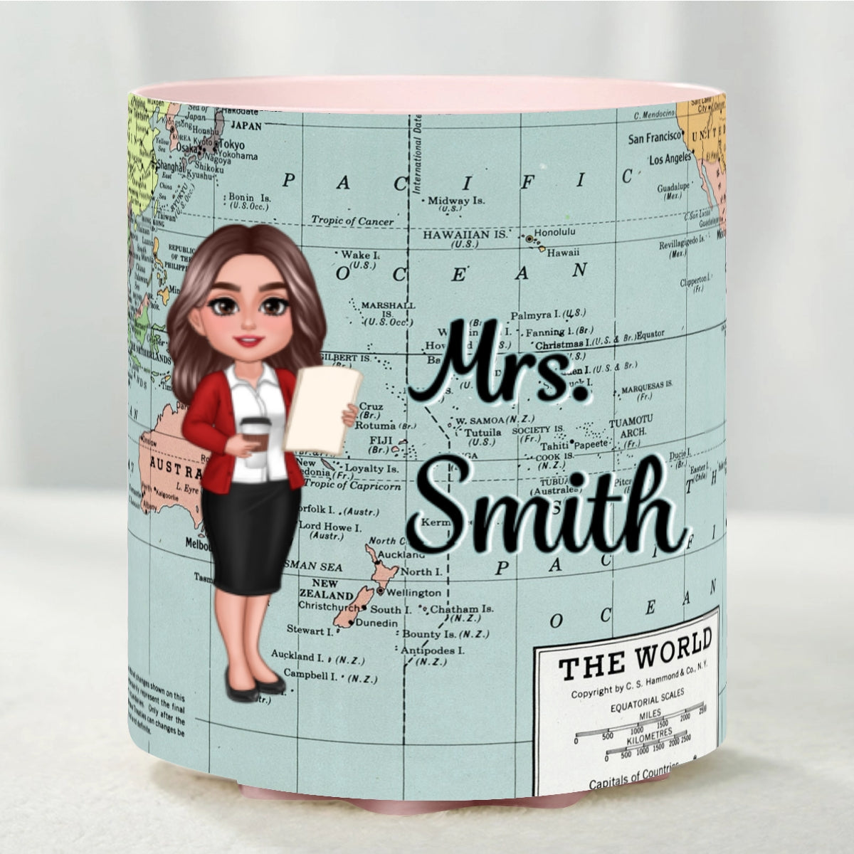 World Map Adventure Themed Doll Teacher Personalized Rotating Pen Holder