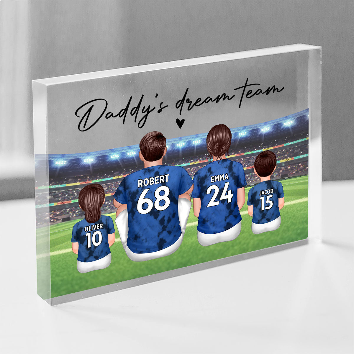 Daddy's Team Soccer Family Sitting Back View Personalized Acrylic Block,  Gift