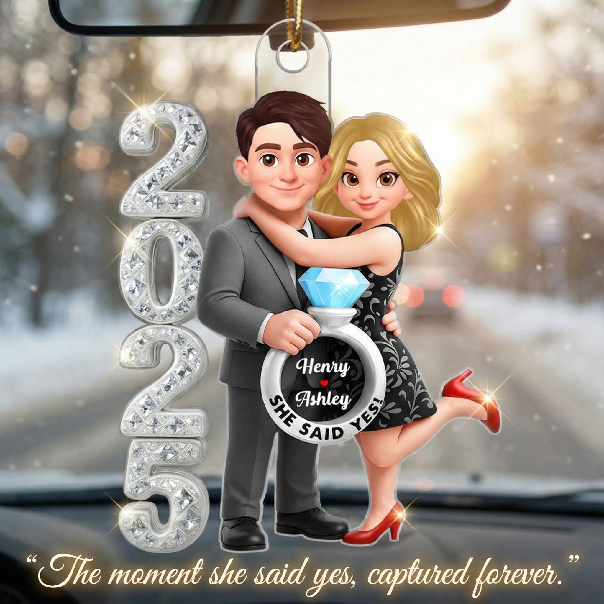 3D Crystal Effect Marriage Proposal Couple - Personalized Acrylic Ornament - Newly Engaged Gift, ""She Said Yes!"" Ornament