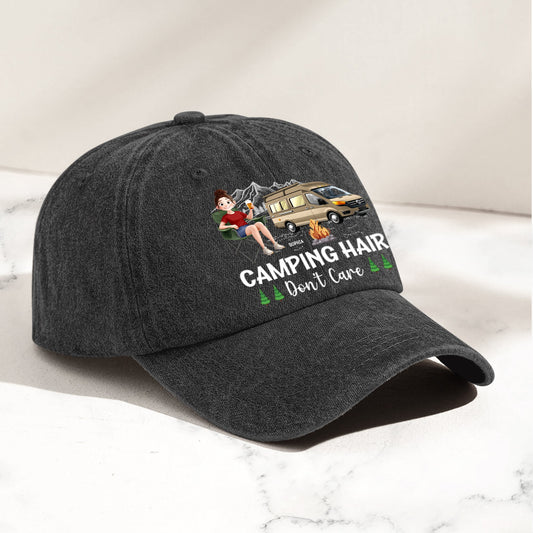 Camping Hair Don't Care - Personalized Distressed Denim Cap