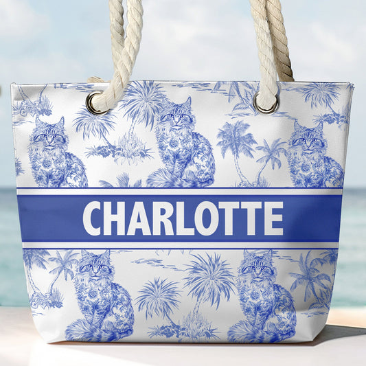 Cat Lover Chinoiserie Toile De Jouy Style - Personalized Beach Bag