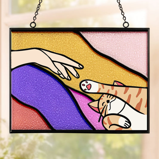 Cat Reaching For Hand - Personalized Window Hanging Suncatcher