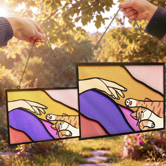 Cat Reaching For Hand - Personalized Window Hanging Suncatcher