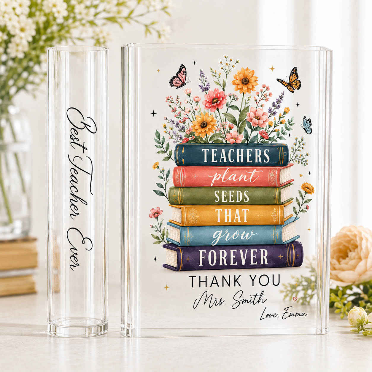 Teachers Plant Seeds That Grow Forever - Personalized Acrylic Book Vase