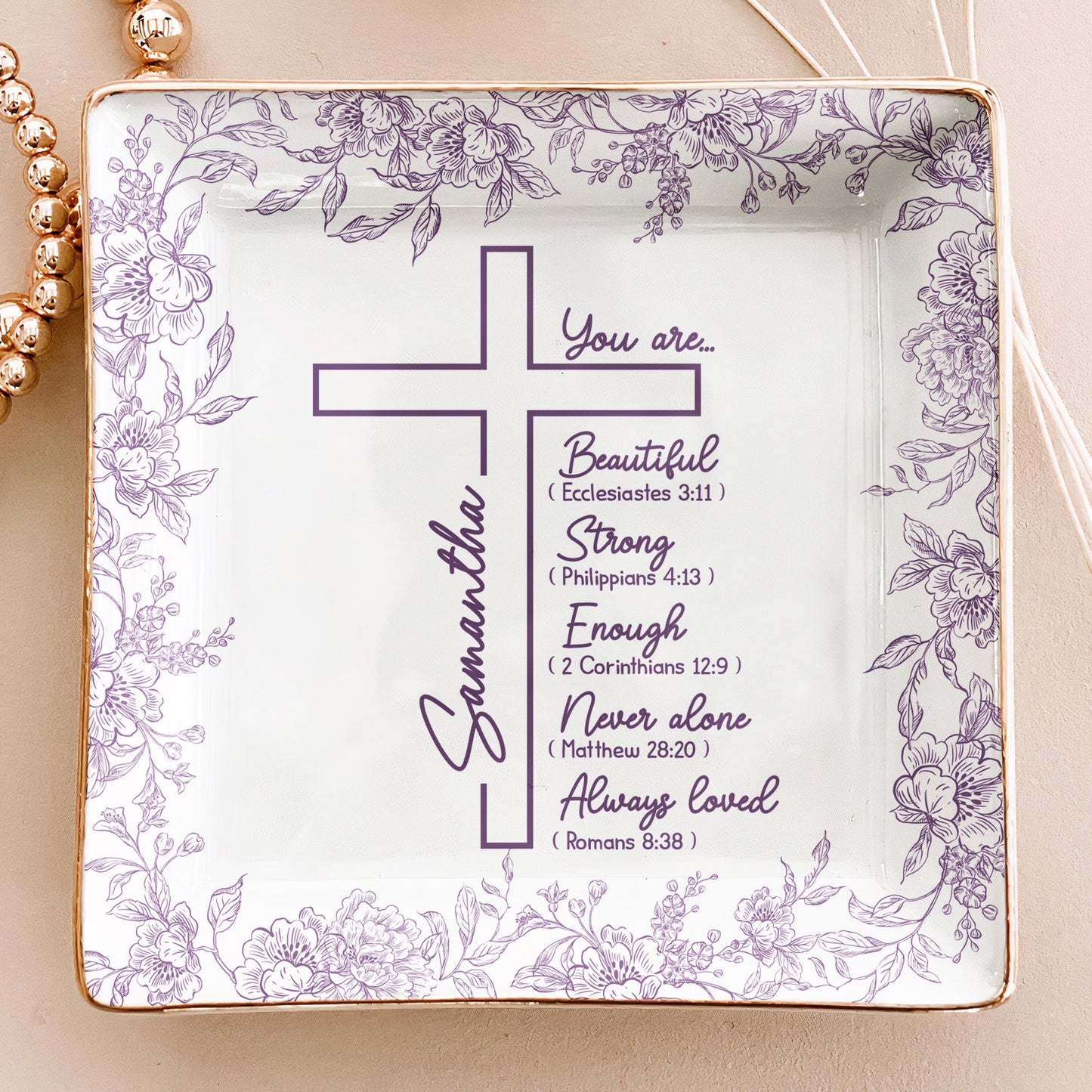 Christ Cross Affirmation Religious Gift For Women Toile De Jouy - Personalized Jewelry Dish