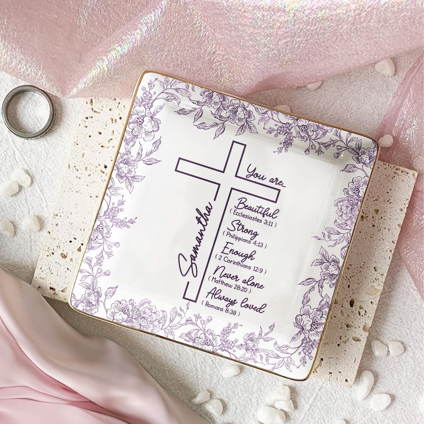 Christ Cross Affirmation Religious Gift For Women Toile De Jouy - Personalized Jewelry Dish