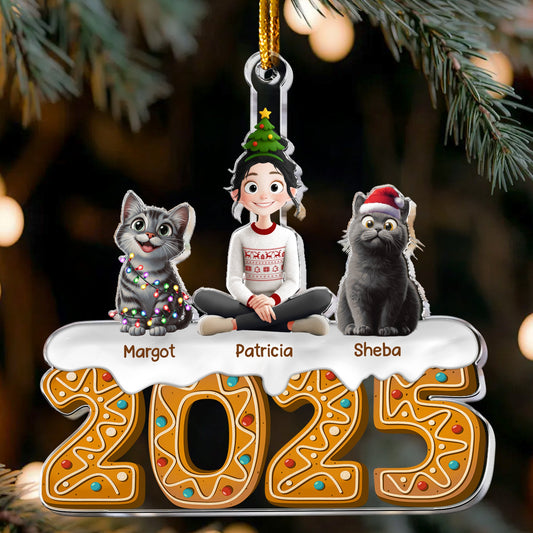 Christmas Gingerbread Girl And Her Cats - Personalized Acrylic Ornament