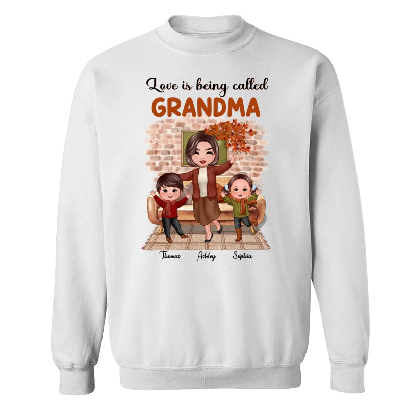 Fall Season Happy Doll Grandma And Grandkids Brick Background In House Personalized Shirt