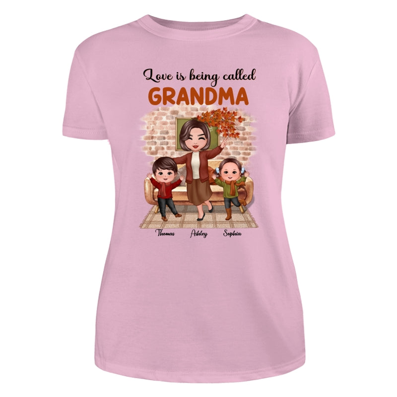 Fall Season Happy Doll Grandma And Grandkids Brick Background In House Personalized Shirt