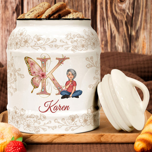Cookie Jar With Butterfly Monogram Letter - Personalized Cookie Jar