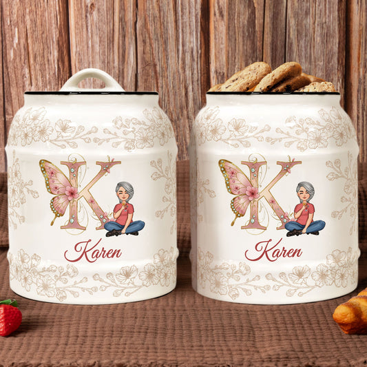 Cookie Jar With Butterfly Monogram Letter - Personalized Cookie Jar