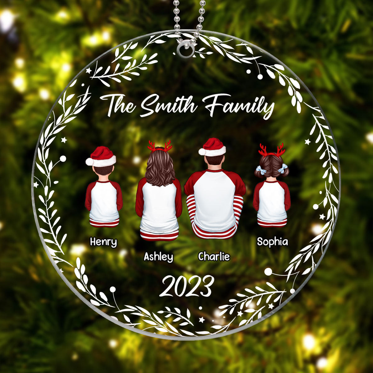 Family Sitting Back View White Frame Personalized Acrylic Ornament