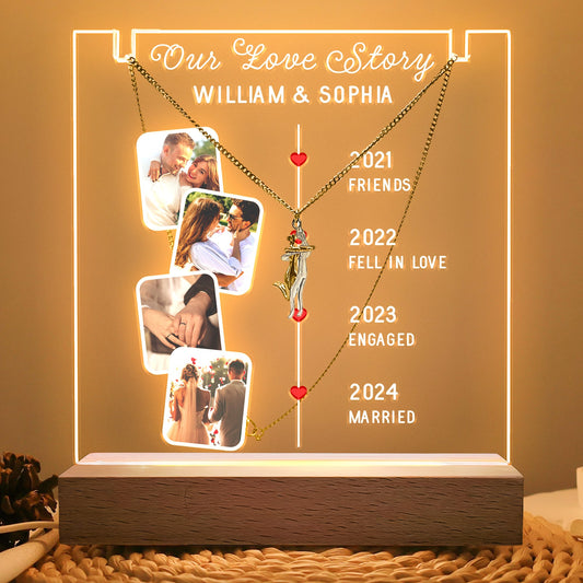 Couple Love Story - Personalized LED Light Acrylic Photo Plaque With Couple Necklace