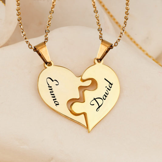 Couple Matching Gift - Personalized Heart Puzzle Name Necklace