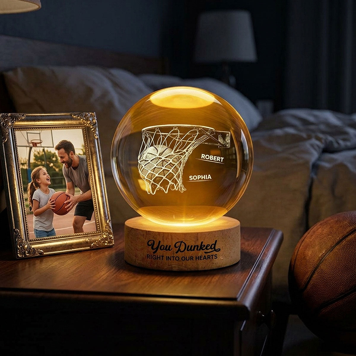 We Dunked Right Into Our Heart - Personalized Crystal Ball LED Night Light -  Gift For Basketball Dad