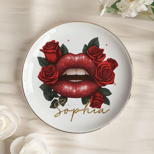 Custom Birth Flower & Name Lips, Gifts For Her - Personalized Jewelry Dish