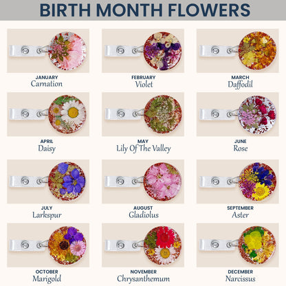Custom Birth Month Flower - Personalized Resin Birth Flower Badge Reel