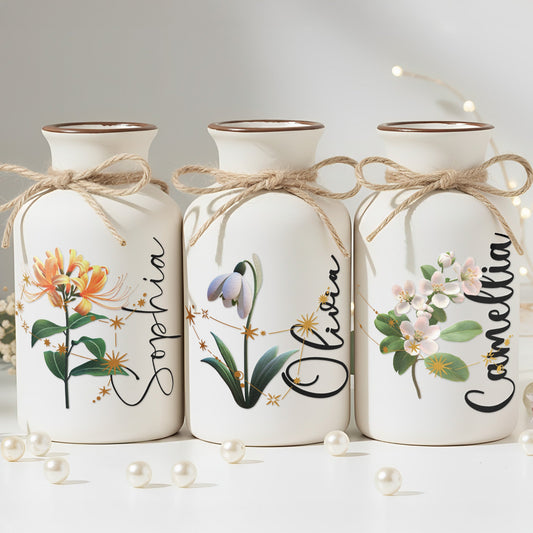Custom Birth Month & Zodiac Star Sign For Her, Daughter, Wife, Sister - Personalized Ceramic Vase (Vase Only, Flowers Excluded)