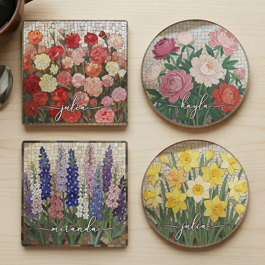 Custom Mosaic Birth Flower Printed Effect For Her, Sister, Mom, Grandma, Daughter - Personalized Ceramic Coaster
