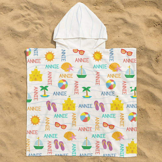 Custom Name With Summer And Beach Pattern - Personalized Kids Hooded Towel