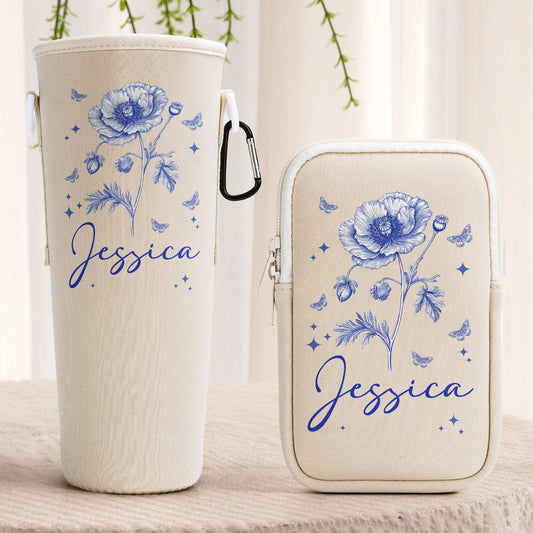 Custom Name & Birth Flower Toile De Jouy - Personalized Water Bottle Carrier Bag With Phone Pocket