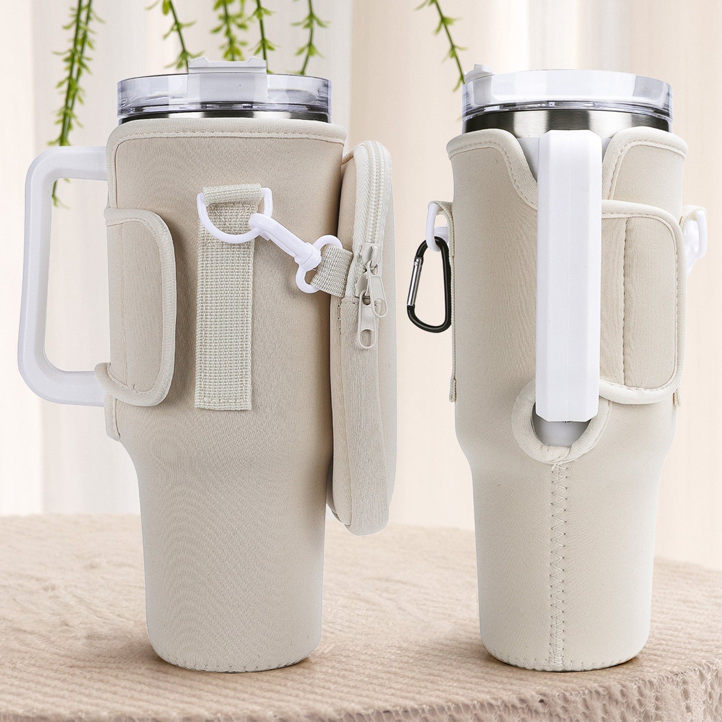 Custom Name & Birth Flower Toile De Jouy - Personalized Water Bottle Carrier Bag With Phone Pocket