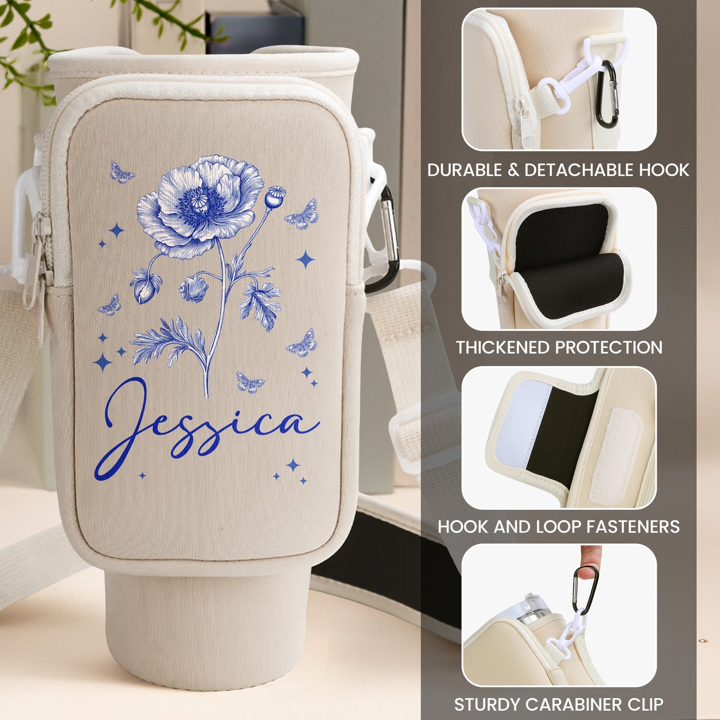 Custom Name & Birth Flower Toile De Jouy - Personalized Water Bottle Carrier Bag With Phone Pocket