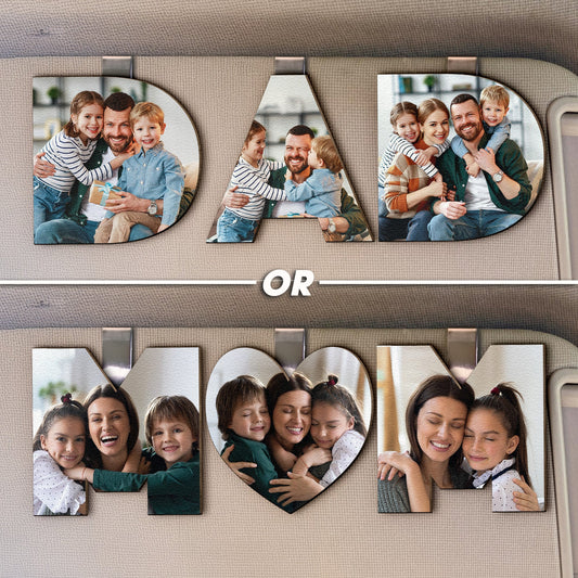 Father's Day Gifts, Custom Photo Dad, Mom Drive Safe - 3 Pieces - Personalized Wooden Photo Car Visor Clip Set